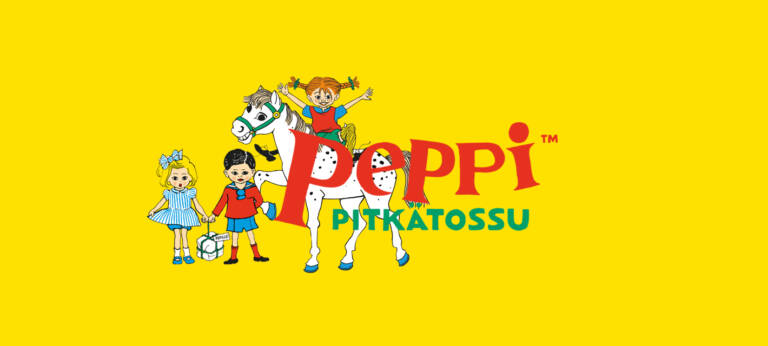 Kuvassa Peppi Pitkätossu -teksti keltaisella pohjalla, sekä Peppi, Tommi, Annika ja hevonen.