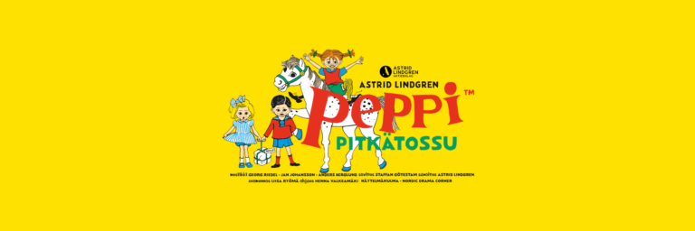 Peppi Pitkätossu -teksti ja hahmoja keltaisella pohjalla.